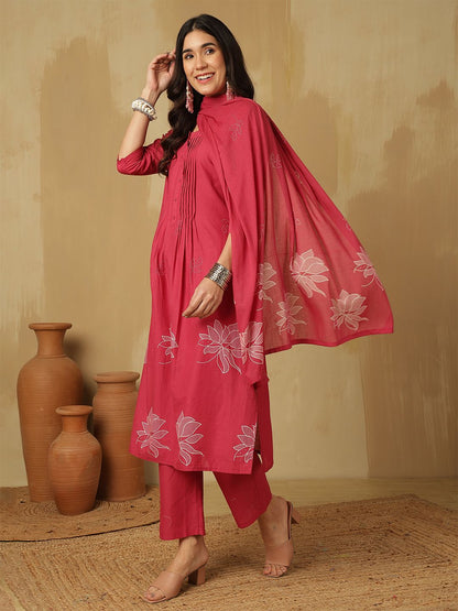 Dhiyona SN Women's Printed Straight Kurta With Trousers & Dupatta