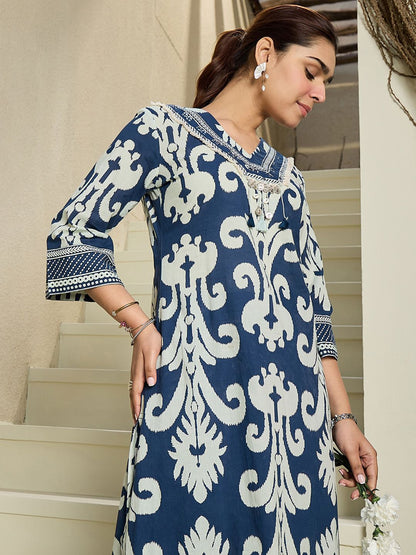 Floral Printed V-Neck Pure Cotton Kurta with Trousers