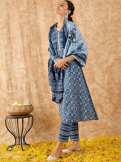 Ethnic Motifs Printed Straight Gotta Patti Kurta with Trousers & Dupatta