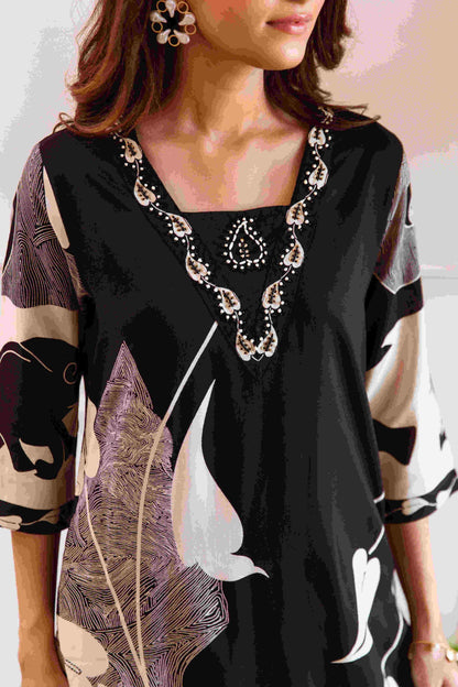Dhiyona IS Women's Ethnic Motifs Printed Beads And Stones Straight Kurta With Palazzos