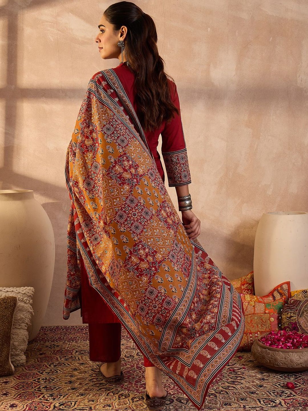 Women Ethnic Motifs Embroidered Beads and Stones Pure Cotton Kurta with Trousers