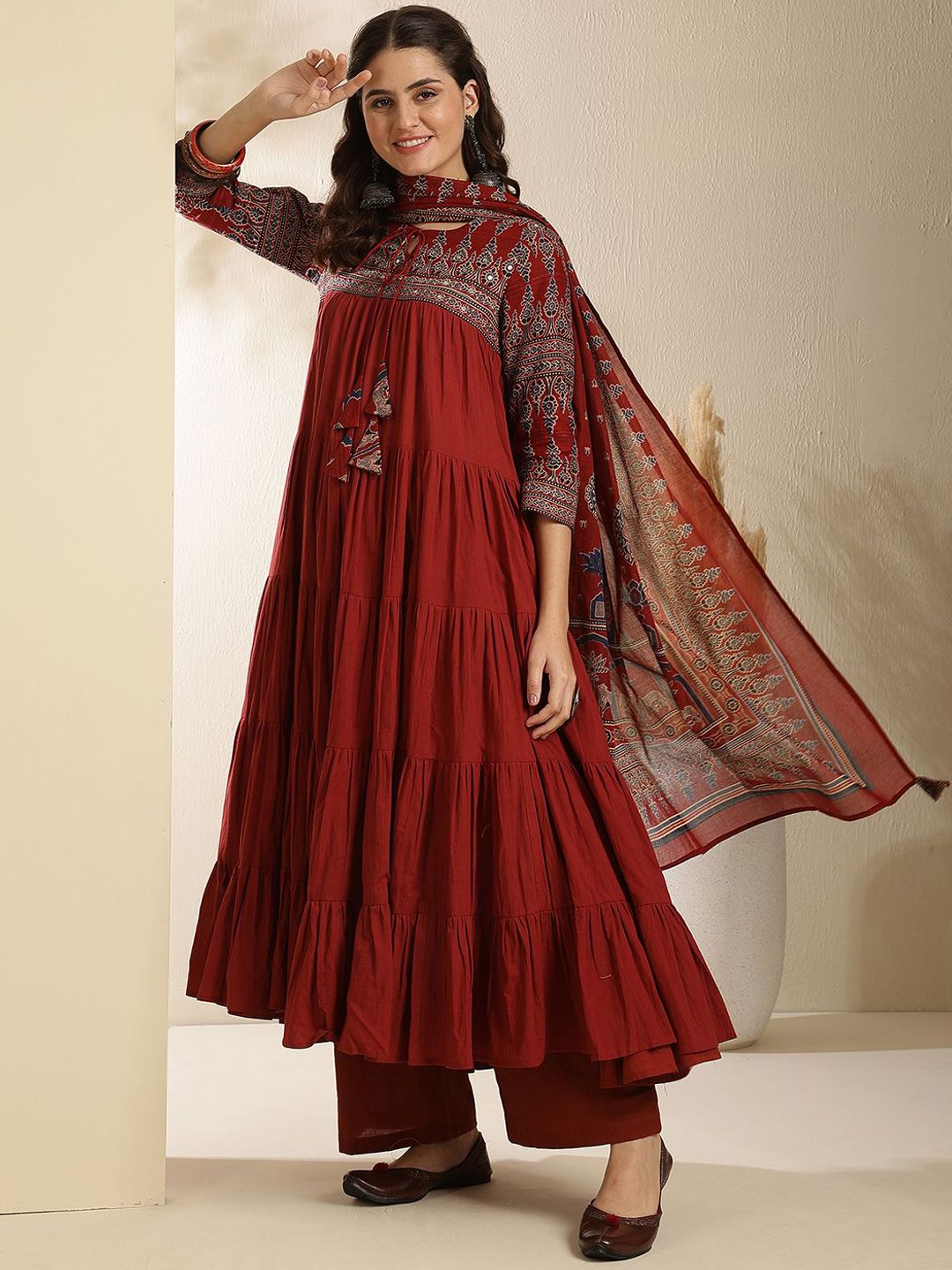 Dhiyona SN Women's Embroidered Pure Cotton Key Hole-Neck Anarkali Kurta With Trouser & Dupatta