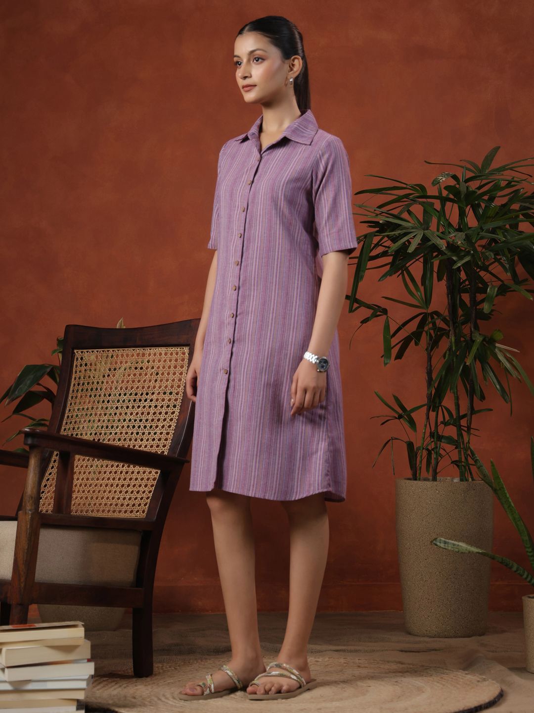 Dhiyona AY Women's Striped Cotton Shirt Dress