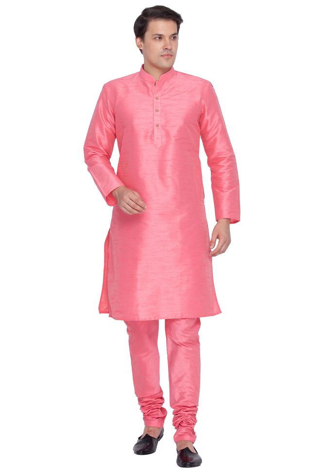 Men's Pink Silk Blend Straight Kurta Pyjama Set