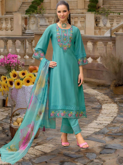 Women Floral Embroidered Regular Thread Work Kurta with Trousers & With Dupatta