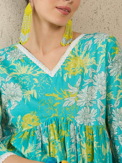 Dhiyona IE Women Printed V-Neck Cotton Top and Trousers Co-Ords