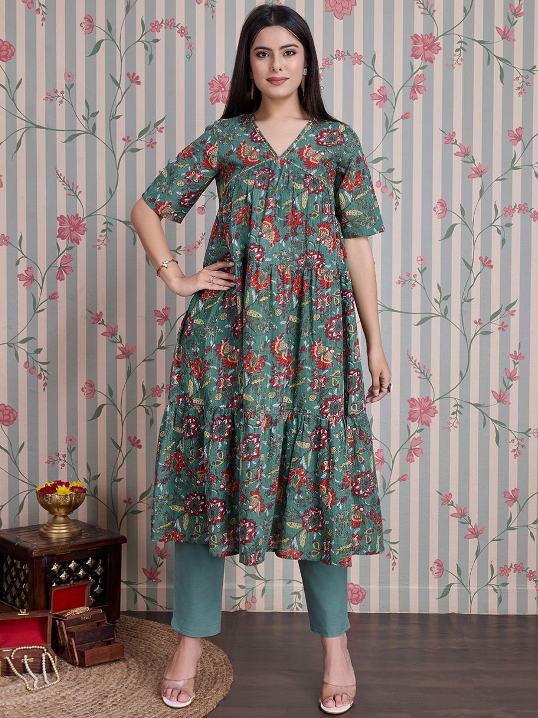 Dhiyona OD  Floral Printed Pure Cotton Anarkali Kurta with Trousers