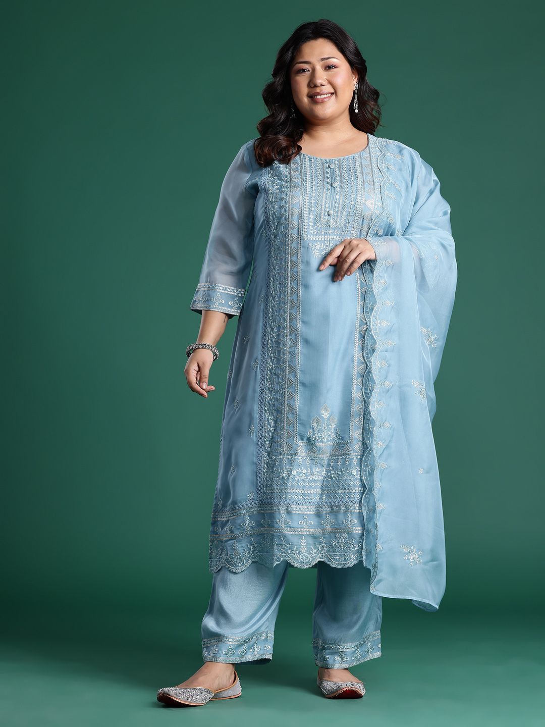 Embroidered Sequinned Kurta With Trousers & Dupatta