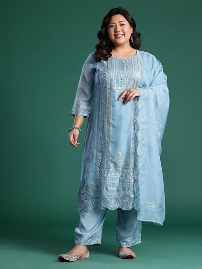 Embroidered Sequinned Kurta With Trousers & Dupatta