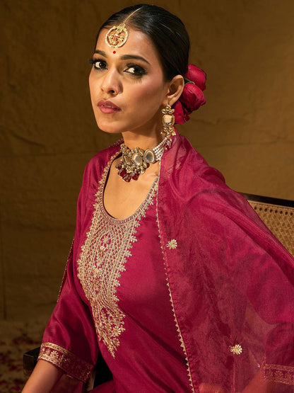 Ethnic Motifs Yoke Design Thread Work Straight Kurta With Trousers & Dupatta