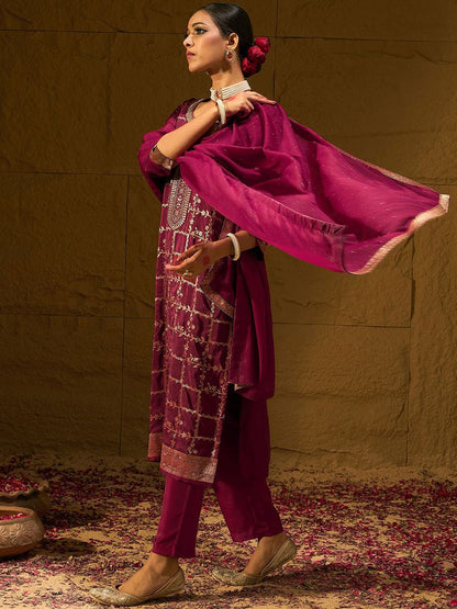 Dhiyona IE Floral Embroidered Jacquard Straight Kurta With Trousers & Dupatta
