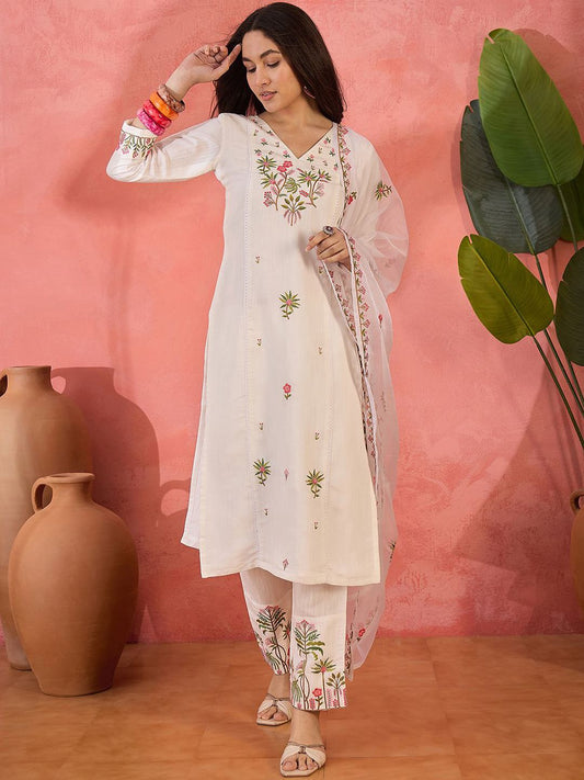 Dhiyona SN Women's Floral Embroidered Thread Work Straight Kurta With Trousers And Dupatta