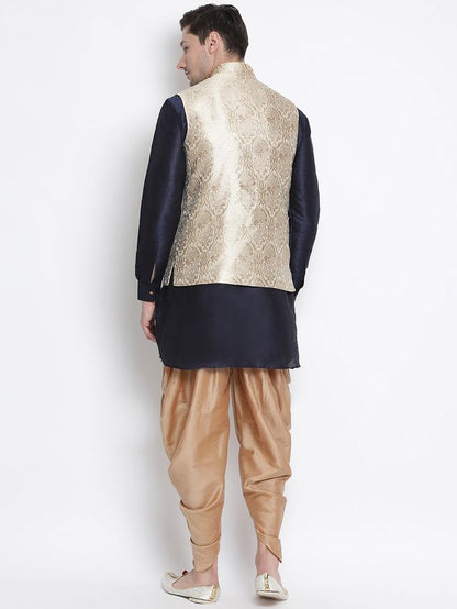 Men's Dark Blue Silk Blend Straight Jacket  Kurta and Dhoti Set