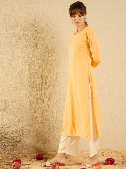 Dhiyona IE Yellow and White Ethnic Motifs Embroidered Thread Work Straight Kurta