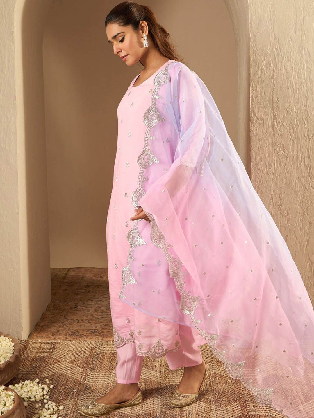 Ethnic Motifs Embroidered Straight Kurta With Trousers & Dupatta