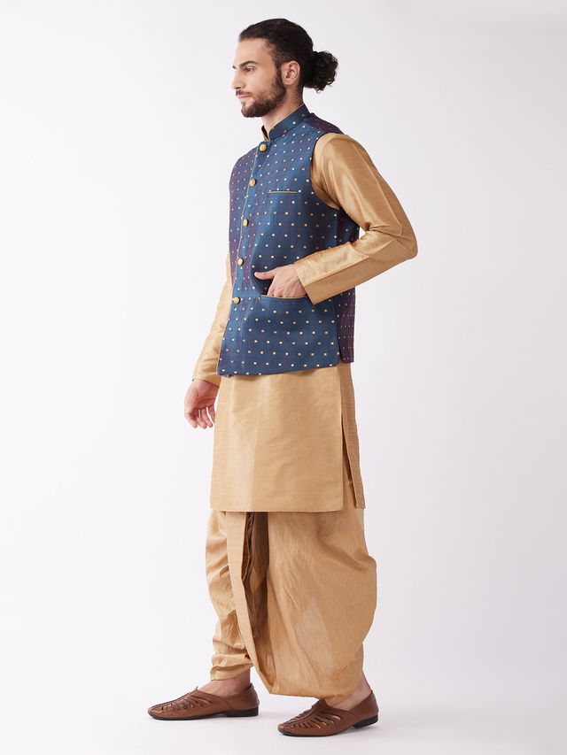 Men's Rose Gold Silk Blend Straight Jacket  Kurta and Dhoti Set