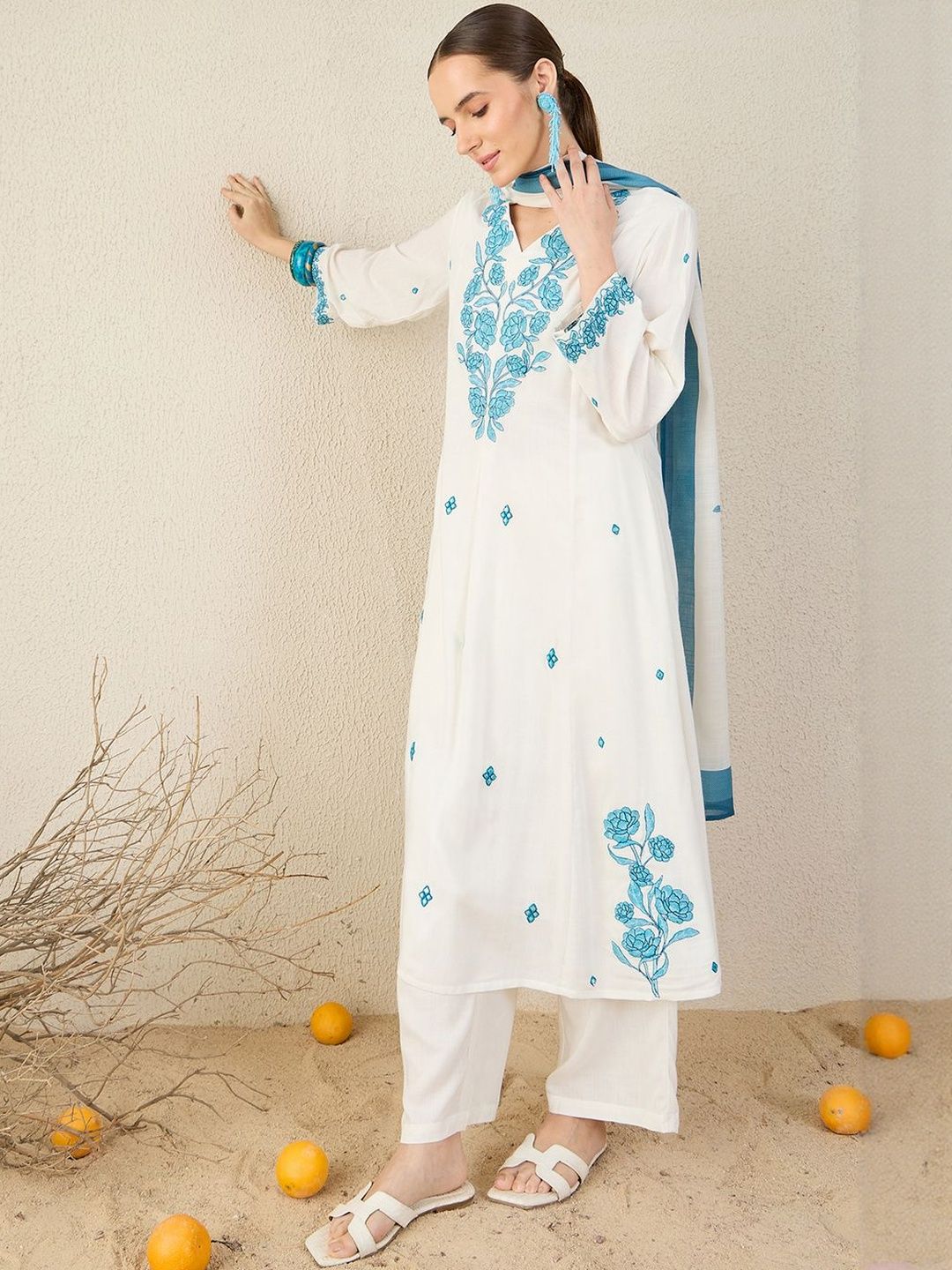 Floral Embroidered A-Line Thread Work Kurta With Trousers & Dupatta