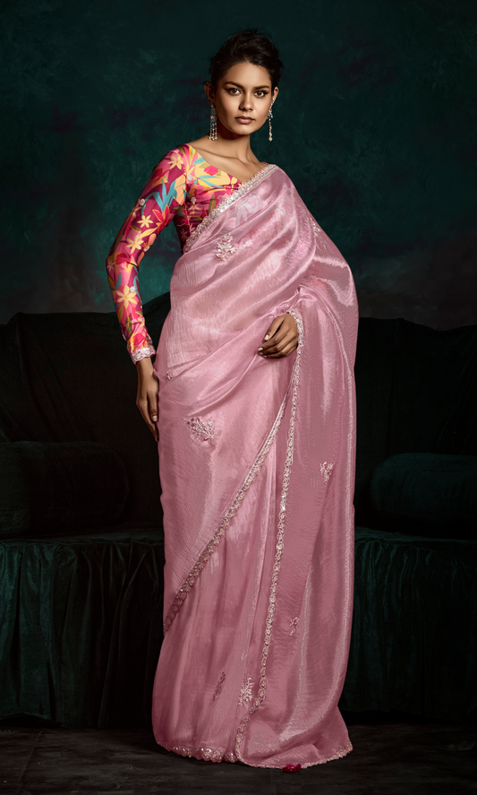 Dhiyona KM Women Pink Designer Organza Saree  “ A Blush Of Elegance