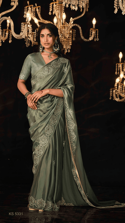 Dhiyona KM Women Olive Green Heavy Embroidered Designer Silk Saree