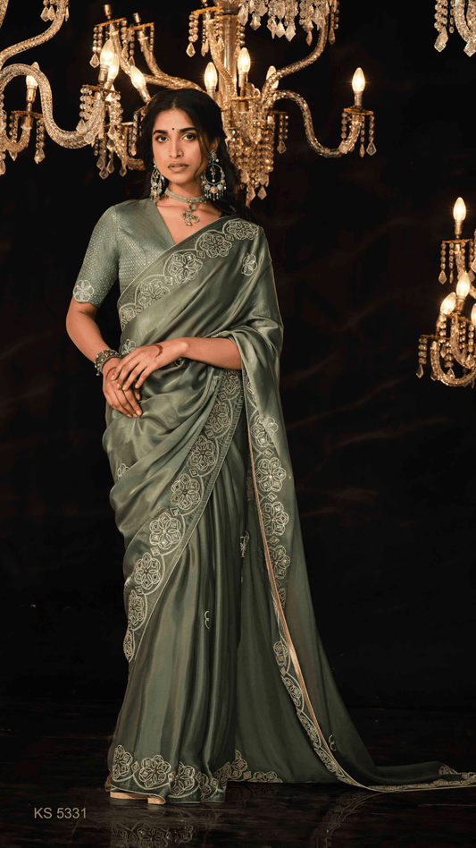 Dhiyona KM Women Olive Green Heavy Embroidered Designer Silk Saree