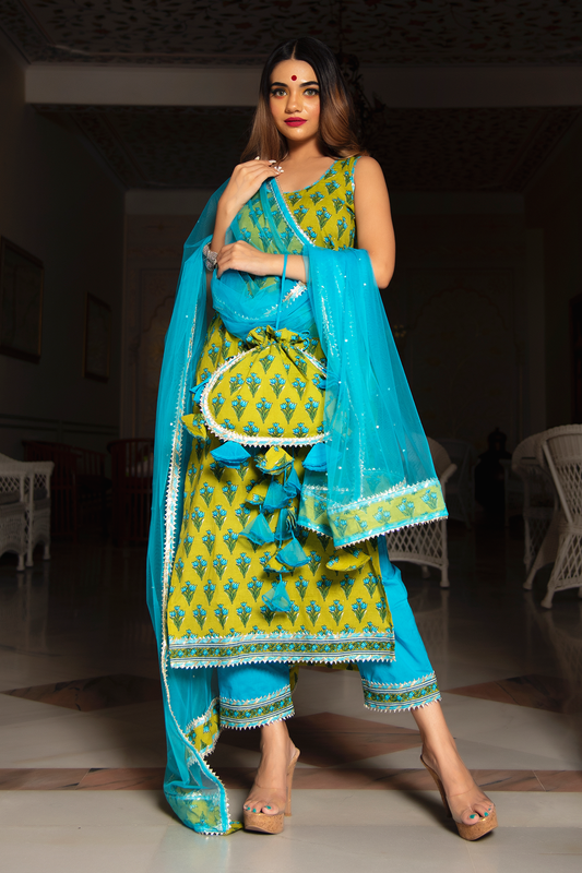 Gulzar Blue Hand Block Cotton Suit Set