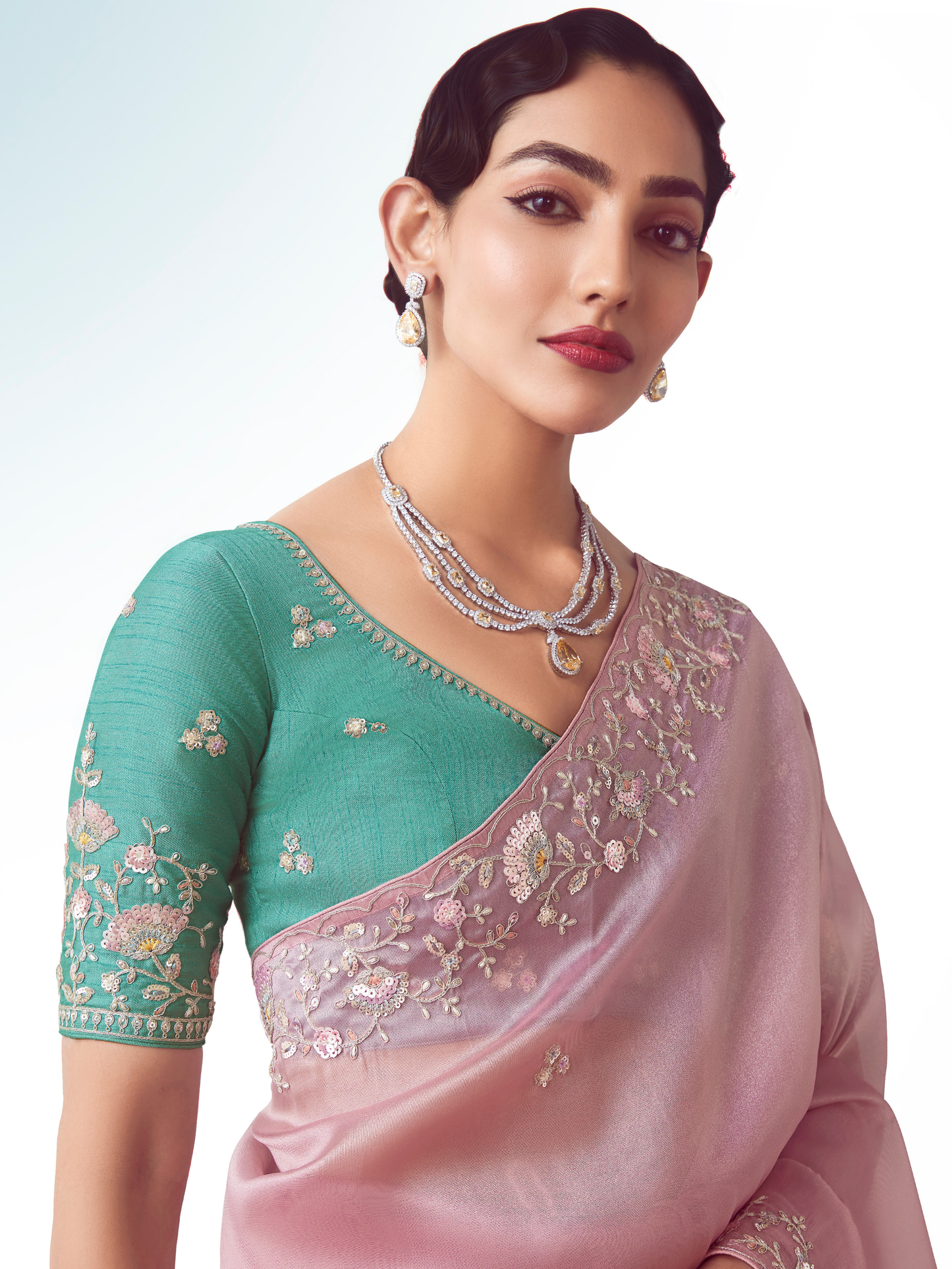 Dhiyona KM Women Baby Pink Organza Silk Saree