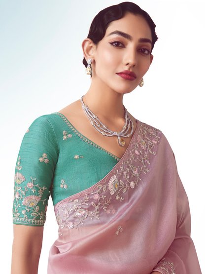Dhiyona KM Women Baby Pink Organza Silk Saree