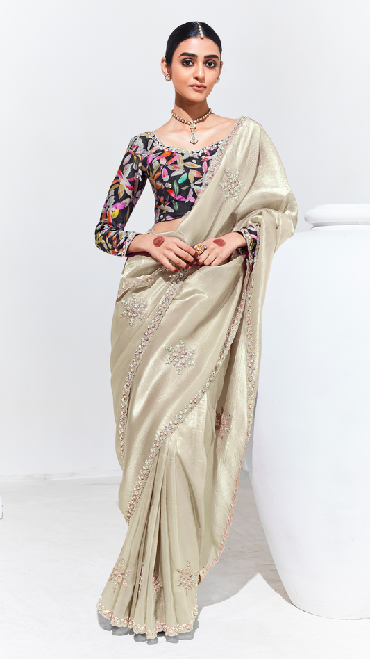 Dhiyona KM Women Beige Pure Tissue Silk Saree With Crushed Texture & Multicolor Floral Print Blouse