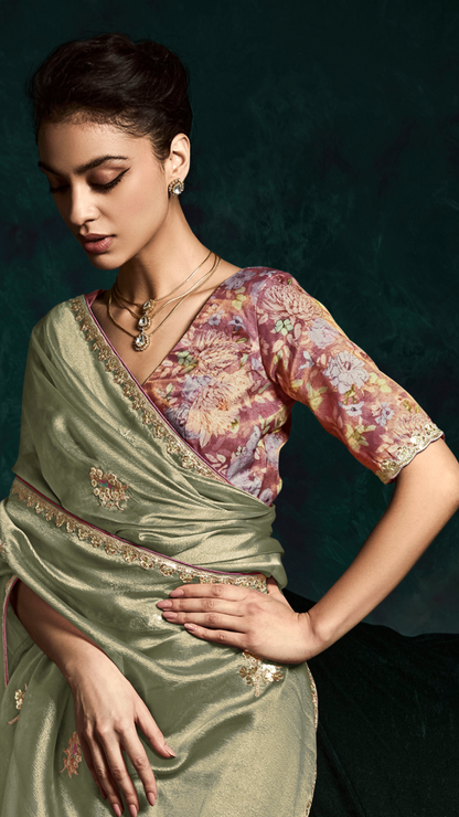 Dhiyona KM Women Sage Green Organza Silk Saree With Unstitched Floral Printed Blouse