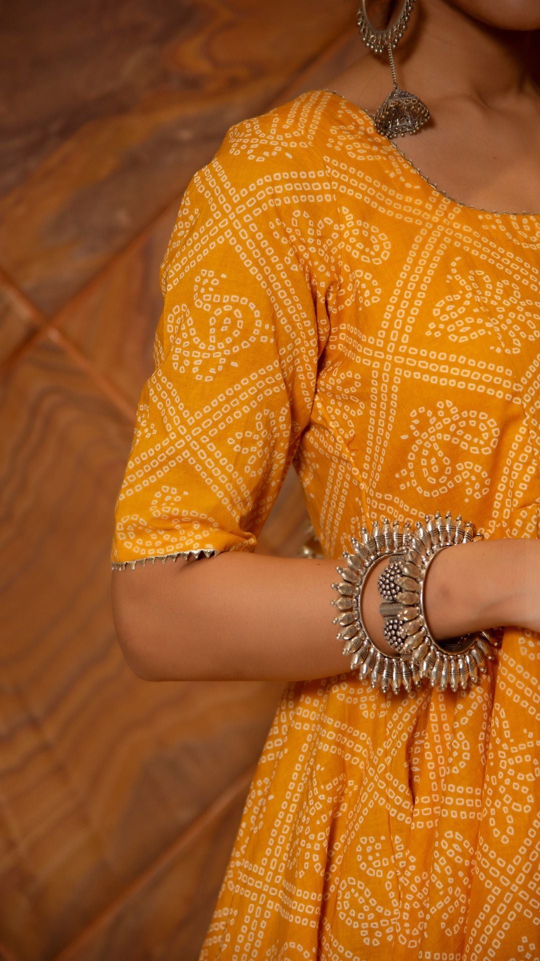 Bandhej Yellow Cotton Anarkali Set