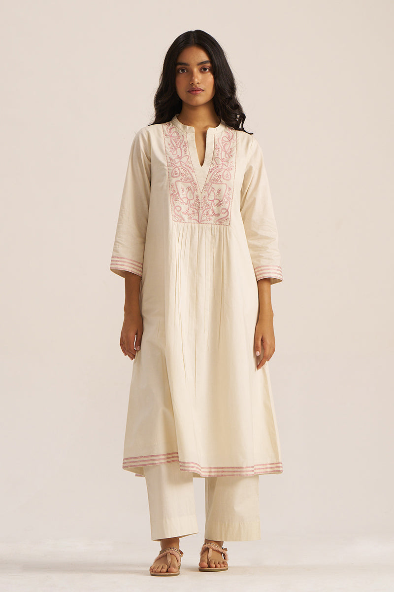 Women's Ivory and Pink Embroidered Cotton Co-ord Set