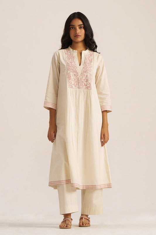 Women's Ivory and Pink Embroidered Cotton Co-ord Set