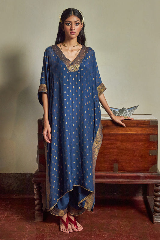 Women's Blue Opal Bemberg Chinon Silk Woven Kaftan Set