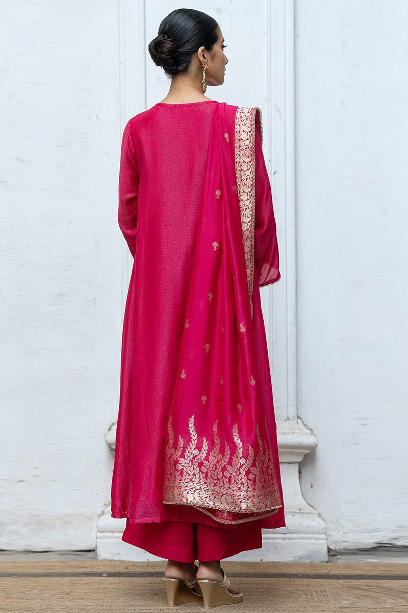 Women's Bright Rose Pink Zari Woven Bemberg Silk Salwar Suit With Zari Woven Monga Silk Jacquard Dupatta