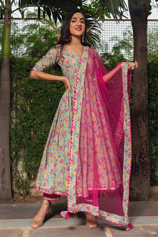 Jaipuri Hand Block Cotton Anarkali Set