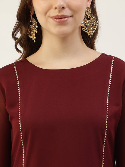 Women's Maroon Poly Crepe A-Line Kurta Set With Dupatta