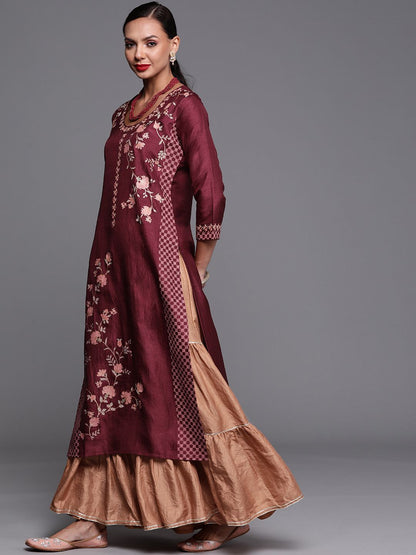 Dhiyona IE Women Maroon & Beige Ethnic Motifs Printed Kurta