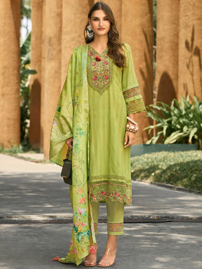 Dhiyona IE Women Floral Regular Thread Work Linen Kurta with Trousers & With Dupatta