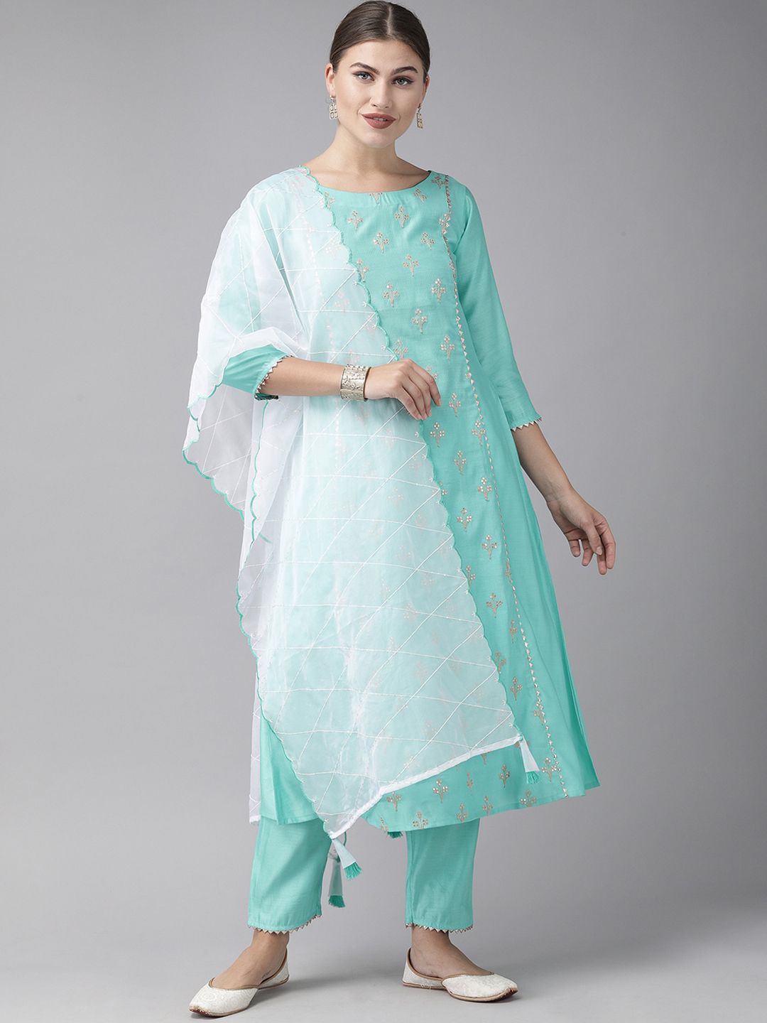 Dhiyona IE Women Sea Green Embroidered Liva Kurta with Trousers & Dupatta