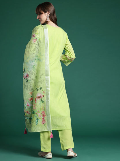 Dhiyona IE Floral Embroidered Thread Work Linen Kurta with Trousers & Dupatta