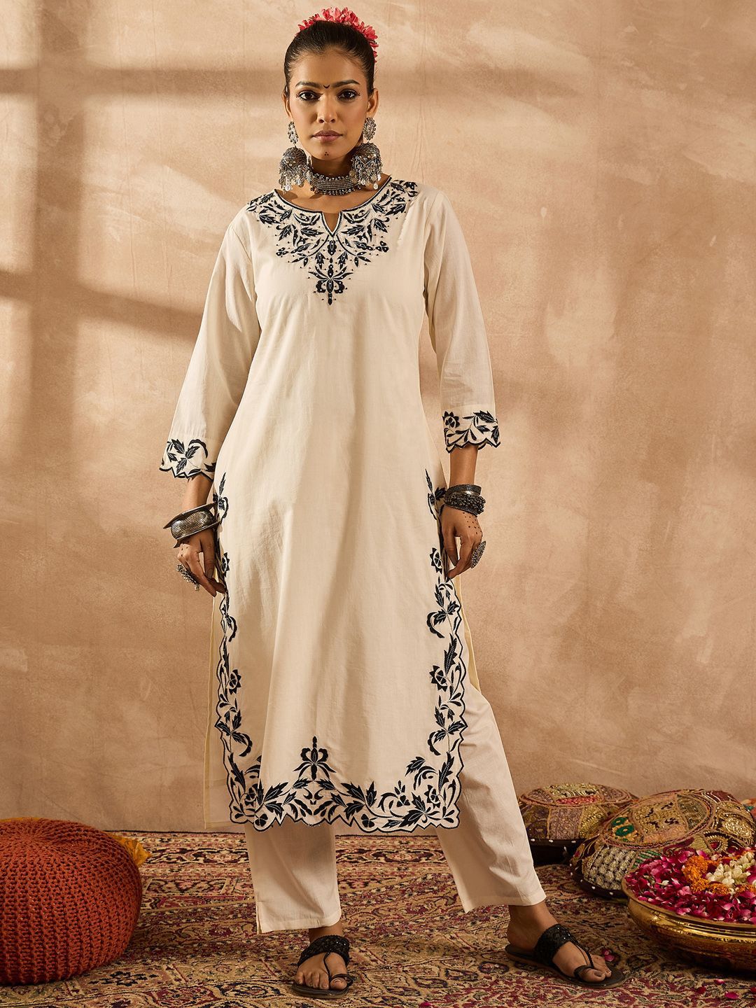 Dhiyona IE Women Ethnic Motifs Embroidered Regular Thread Work Pure Cotton Kurta with Trousers & With Dupatta