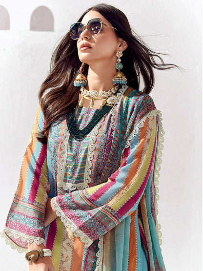 Dhiyona IE Women Ethnic Motifs Printed Regular Thread Work Kurta Trousers With Dupatta