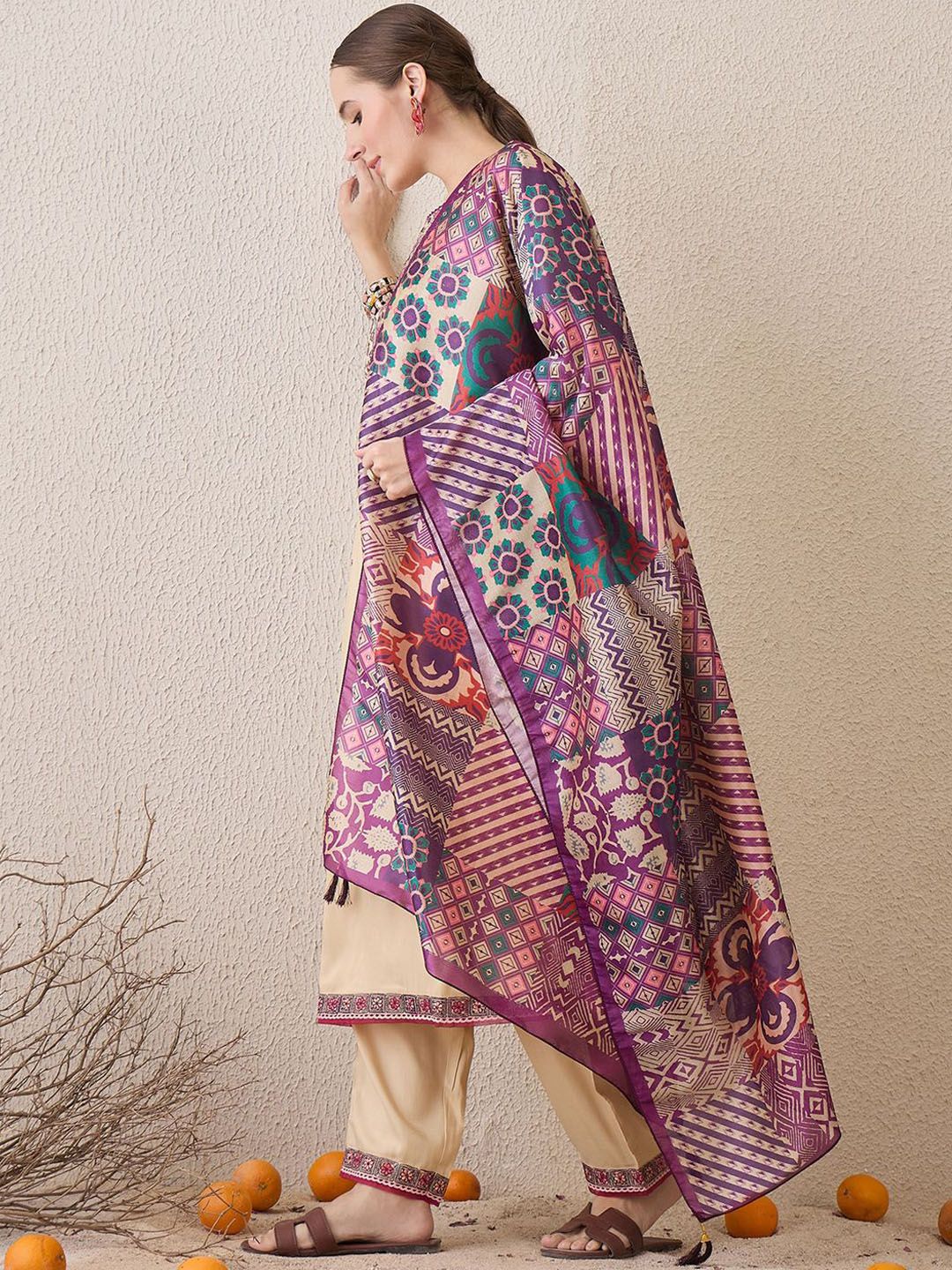 Floral Embroidered Round Neck Sequinned Straight Kurta With Trousers & Dupatta