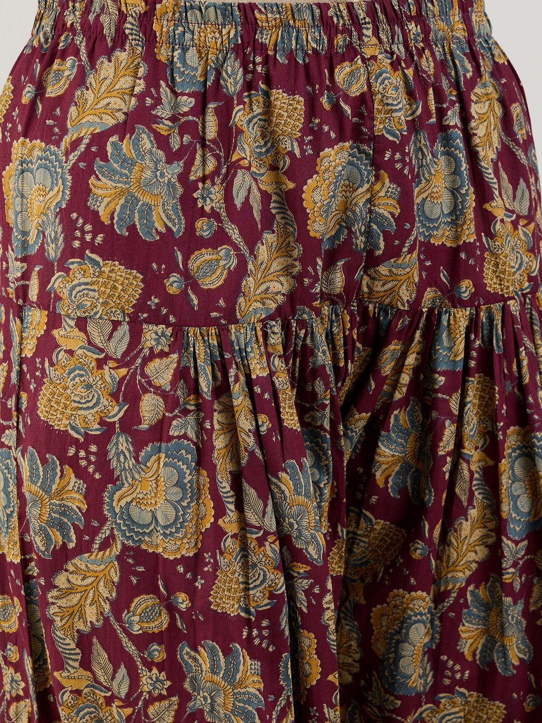 Dhiyona IE Burgundy Floral Printed Mandarin Collar Pure Cotton Kurta with Salwar & Dupatta