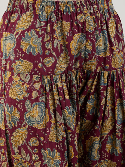 Dhiyona IE Burgundy Floral Printed Mandarin Collar Pure Cotton Kurta with Salwar & Dupatta