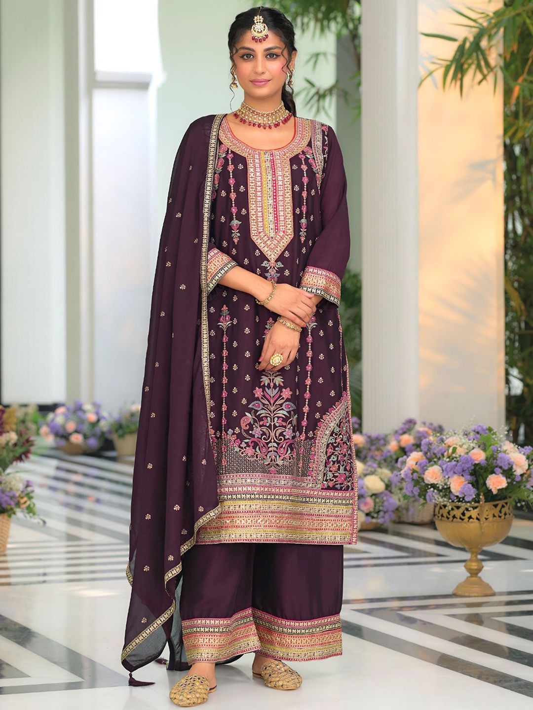 Dhiyona IE Women Ethnic Motifs Embroidered Regular Mirror Work Kurta with Palazzos & With Dupatta