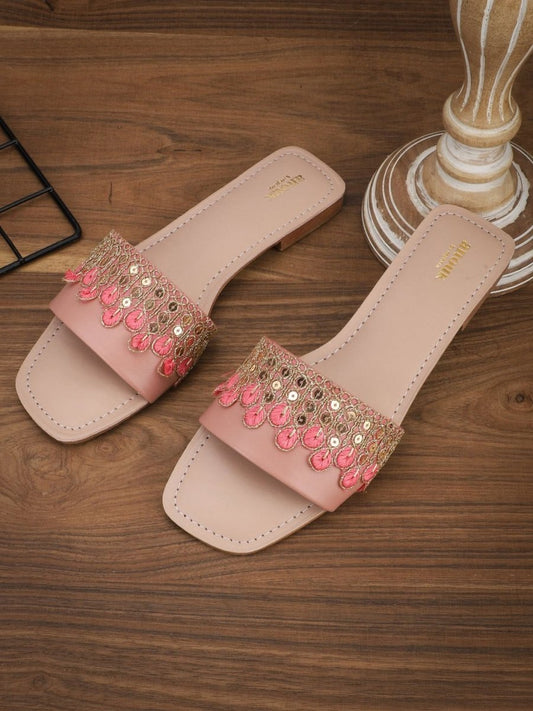 Dhiyona AK Peach-Coloured Ethnic Embroidered Open Toe Flats