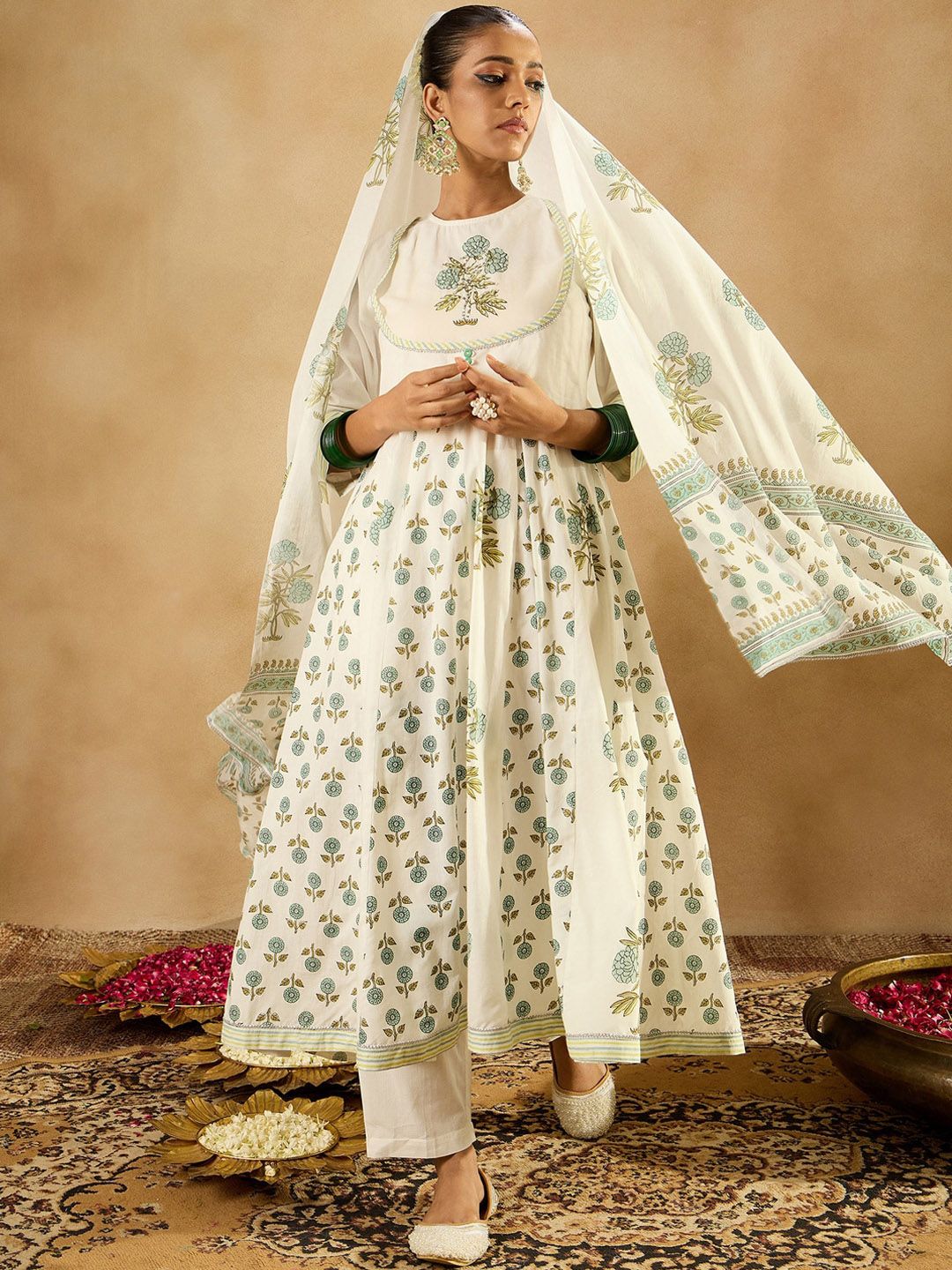 Floral Printed Empire Sequinned Pure Cotton A-Line Kurta With Trousers & Dupatta
