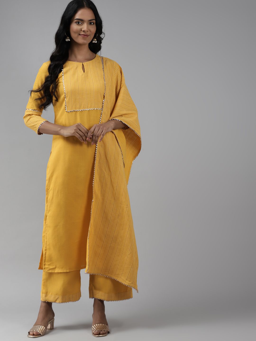 Women Yellow Yoke Design Regular Kurta with Palazzos & Dupatta