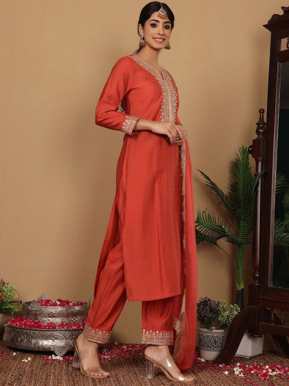 Dhiyona VA Women'sYoke Design Zari Embroidered Sequinned Kurta with Trousers & Dupatta